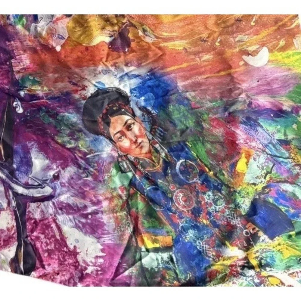 Mongolian Art‑Print 100% Silk Scarf — Large 42
